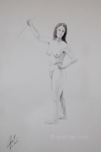 A model leaning on a window-frame. Pencil on paper.