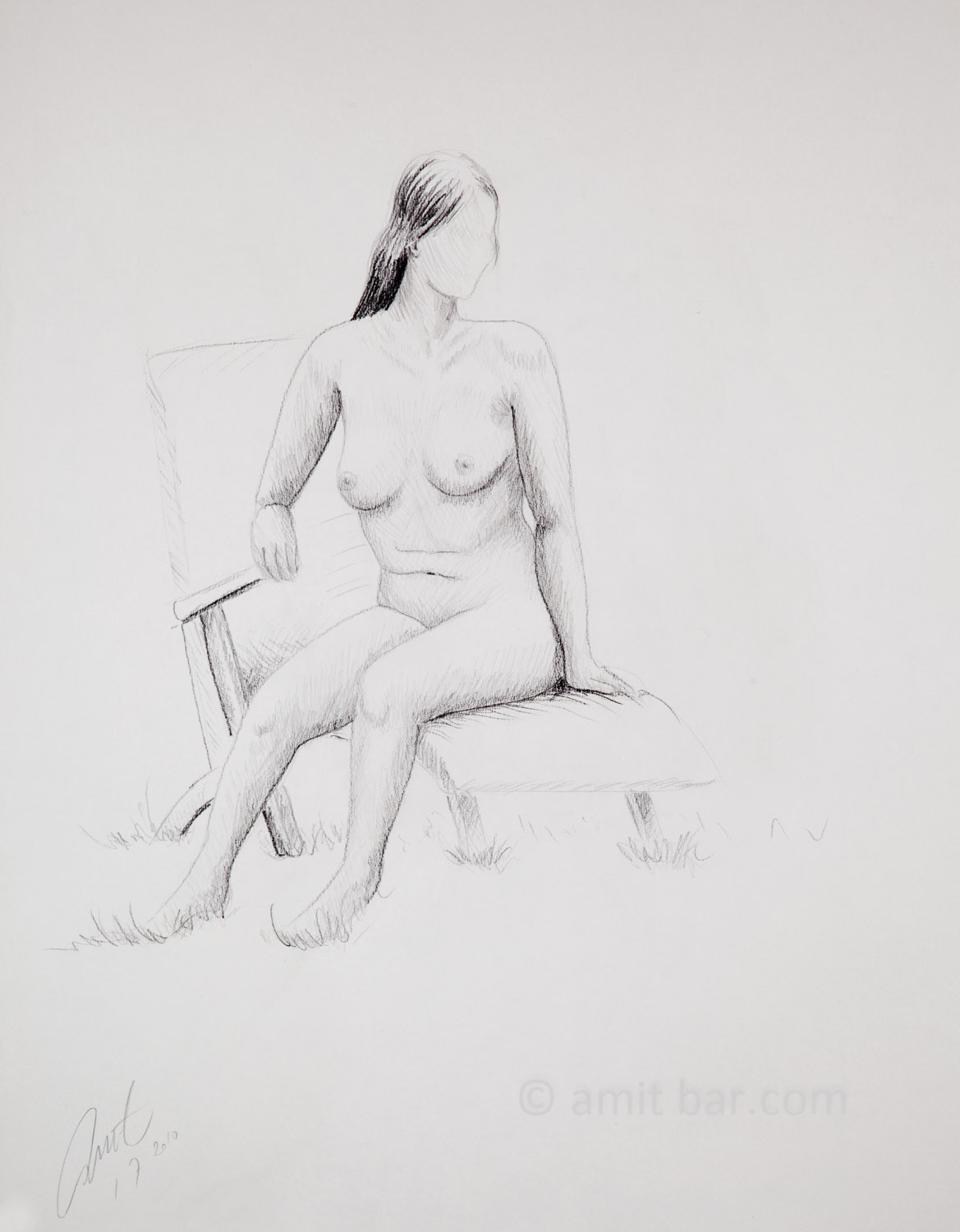 A model on armchair looking left. Pencil