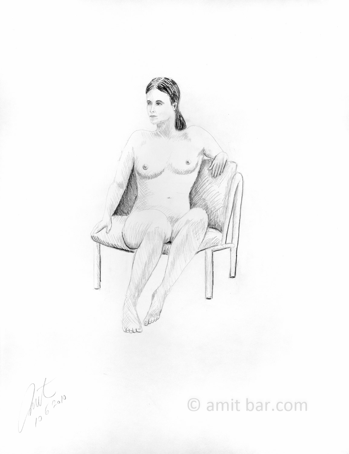 A model on armchair looking right. Pencil