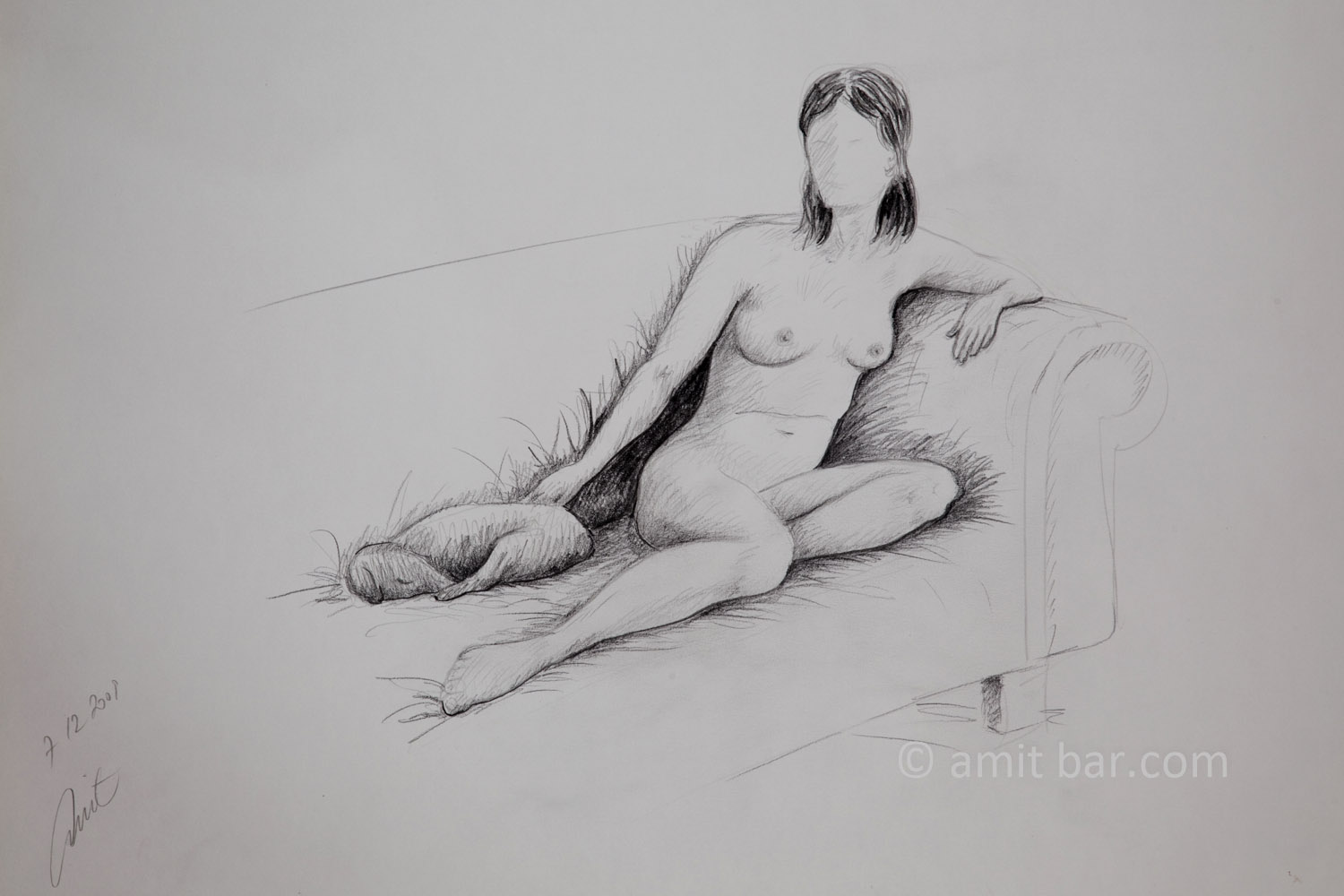A nude model and her sleeping dog. Pencil