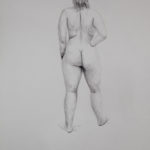 A nude model from behind with her right hand on her hip. Pencil