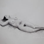 A nude model lying on her back with right arm above her head. Pencil