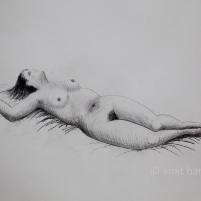 A nude model laying on her back with right arm above her head