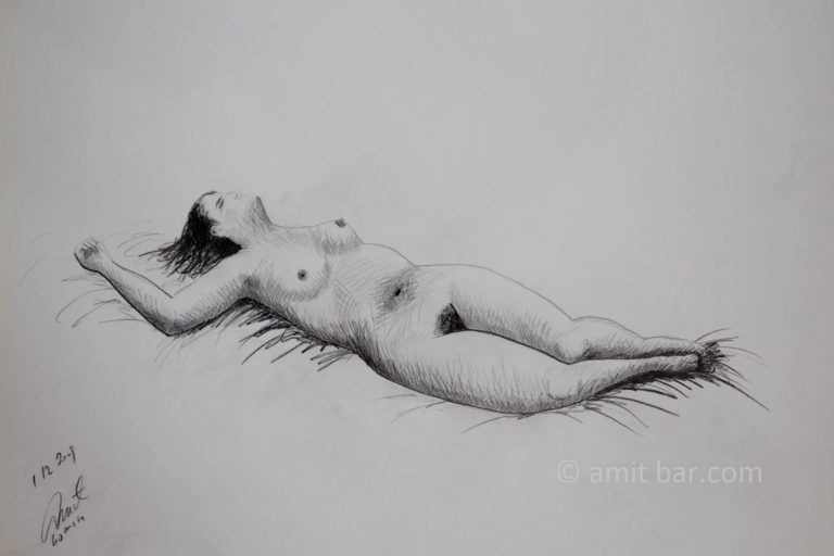 A nude model laying on her back with right arm above her head