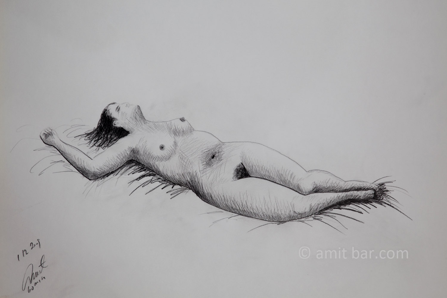 A nude model lying on her back with right arm above her head. Pencil