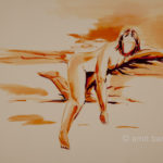 A nude model lying on her left hand. Water colors