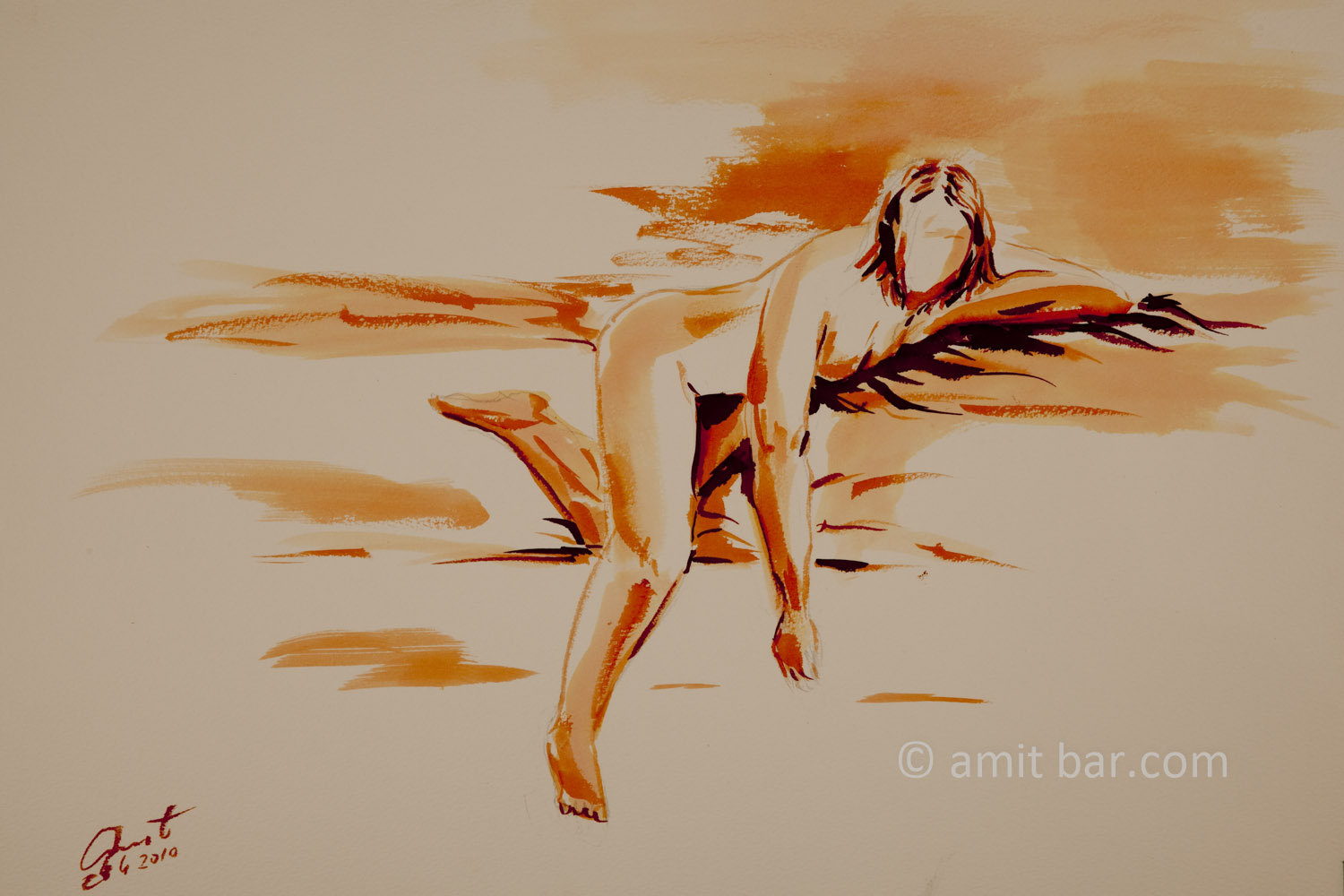 A nude model lying on her left hand. Water colors