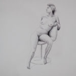 A nude model sitting on a turning-chair. Pencil