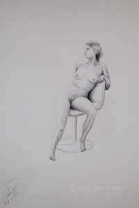 A nude model sitting on a turning-chair. Pencil