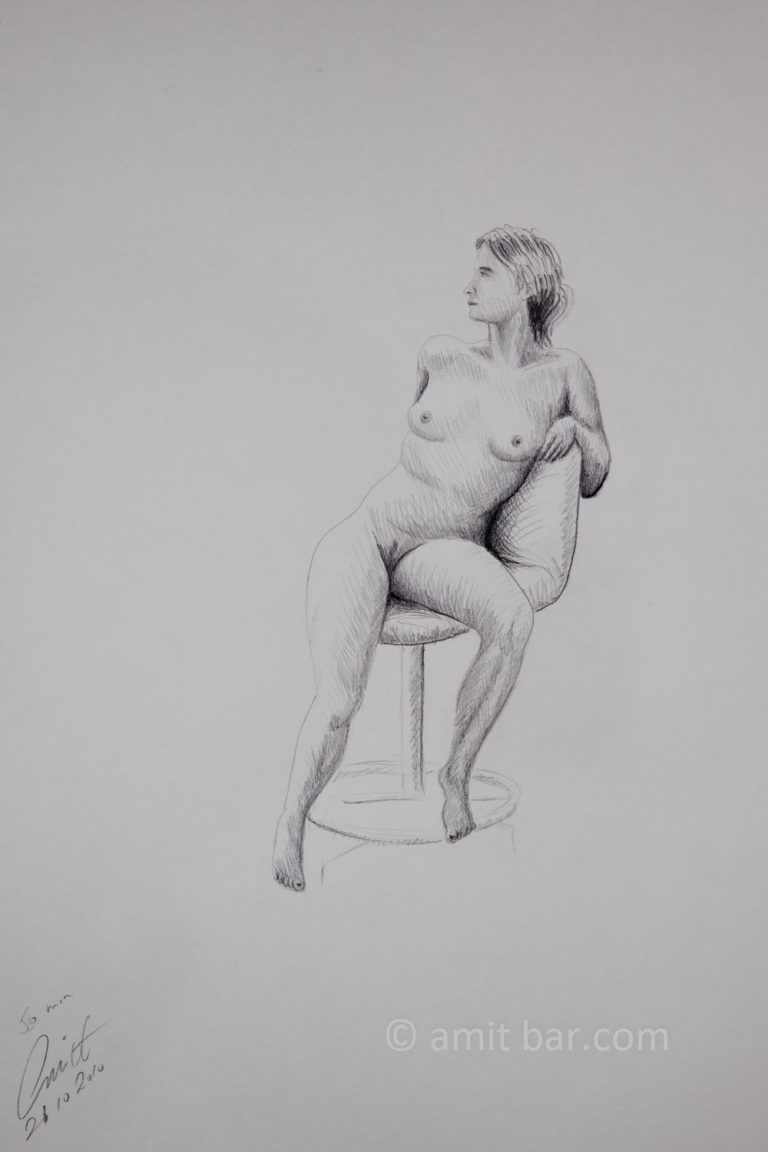 A nude model sitting on a turning-chair