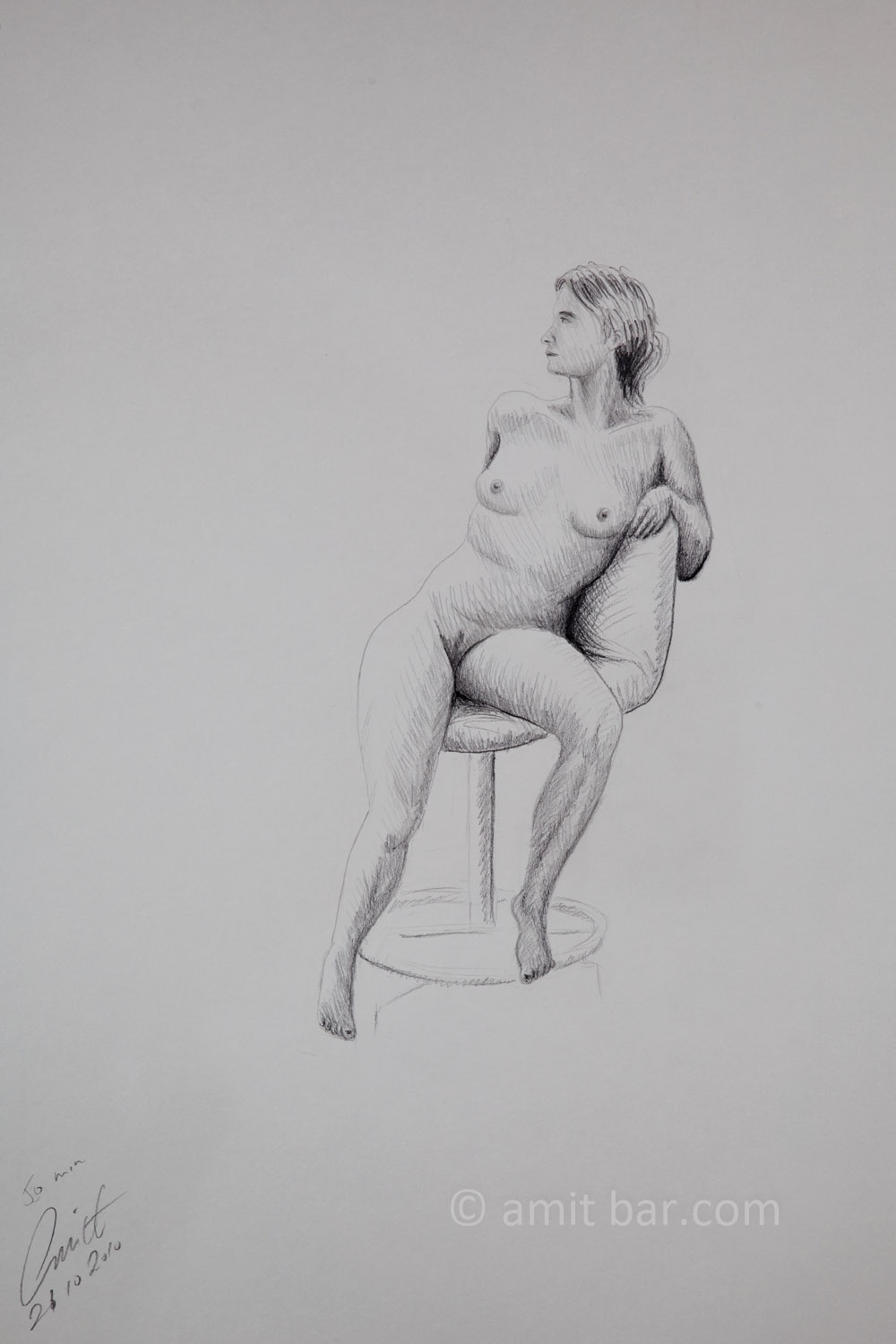 A nude model sitting on a turning-chair. Pencil