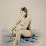 A nude model sitting on the floor. Aquarel painting