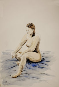 A nude model sitting on the floor. Aquarel painting