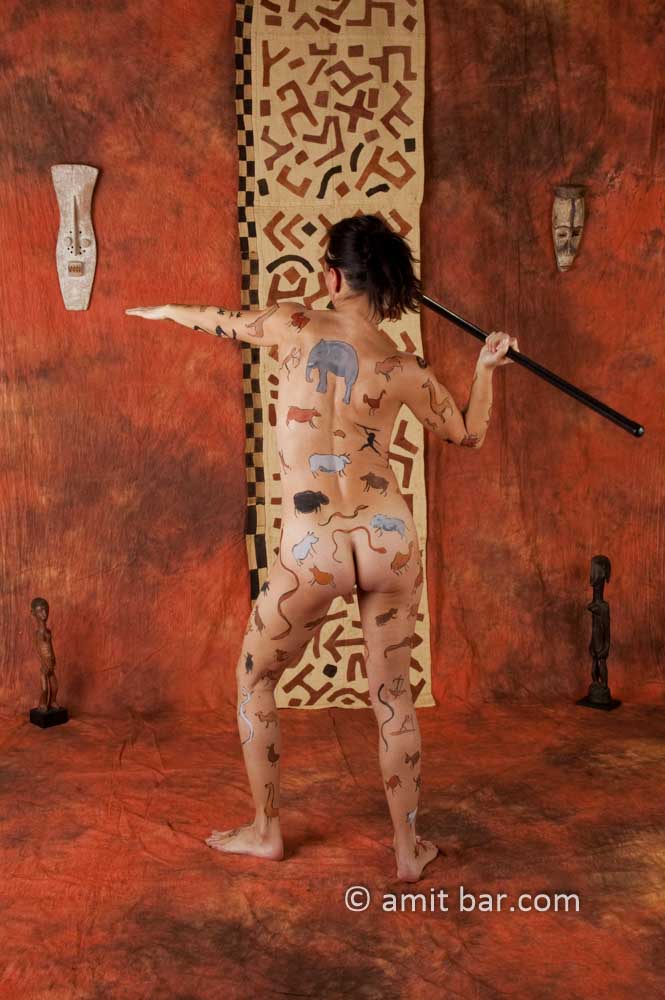 Body-painted model with african animals