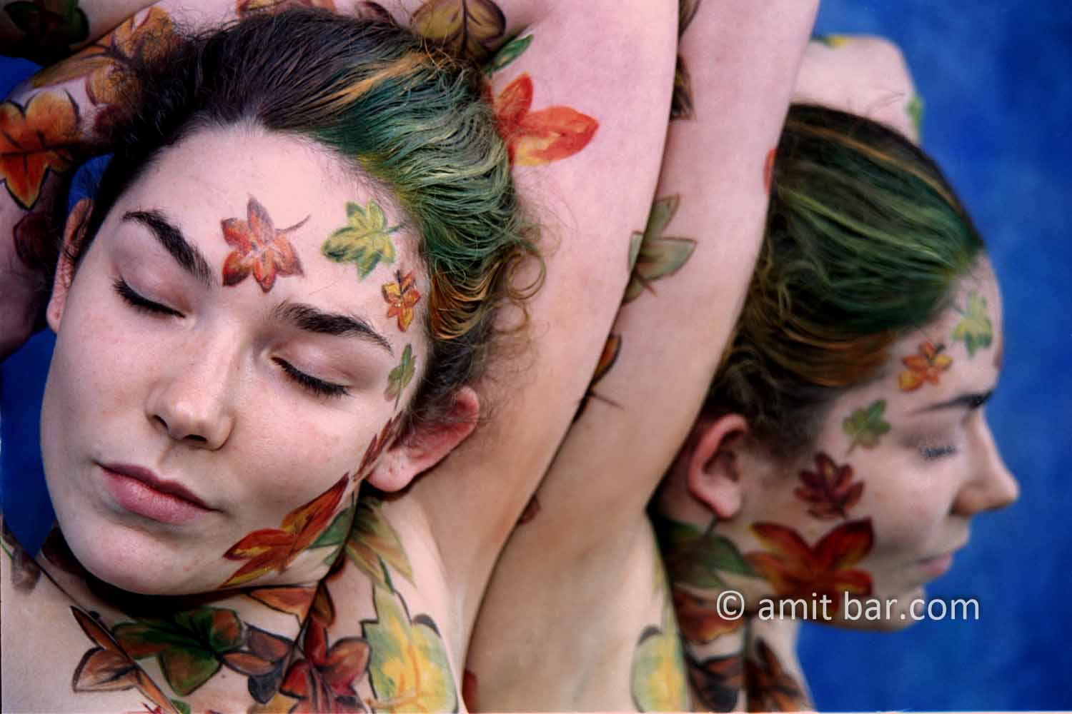 Autumn leaves body-painting III: Portrait of a body-painted model with autumn leaves