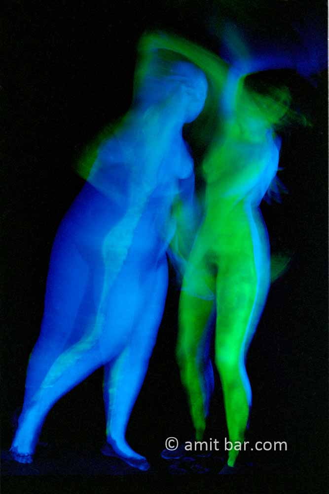 Blue and green IV: Two body-painted models in UV blue and green