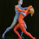 Blue and red tango II: Body painted dancers in blue and red