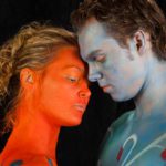 Blue and red tango III: Body painted dancers in blue and red