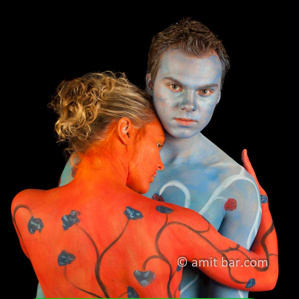 Blue and red tango V: Body painted dancers in blue and red