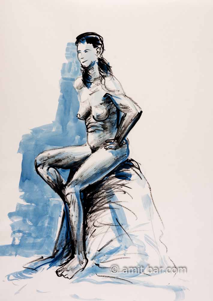 Blue nude: Nude model in black ink and blue water color