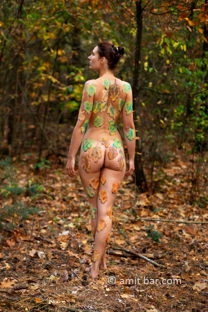 Body painted autumn leaves I: Autumn leaves painted on a model in the forest beside Doetinchem, The Netherlands