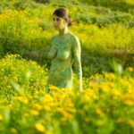 Brida body-painting II: Body-painted model Brida is walking among the wild Chrysanthemum flowers on mount Carmel