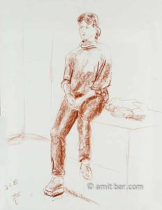 Brown model on a cube: Brown chalk drawing