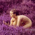 Calluna vulgaris II: Body-painted model with common heather flowers in the nature
