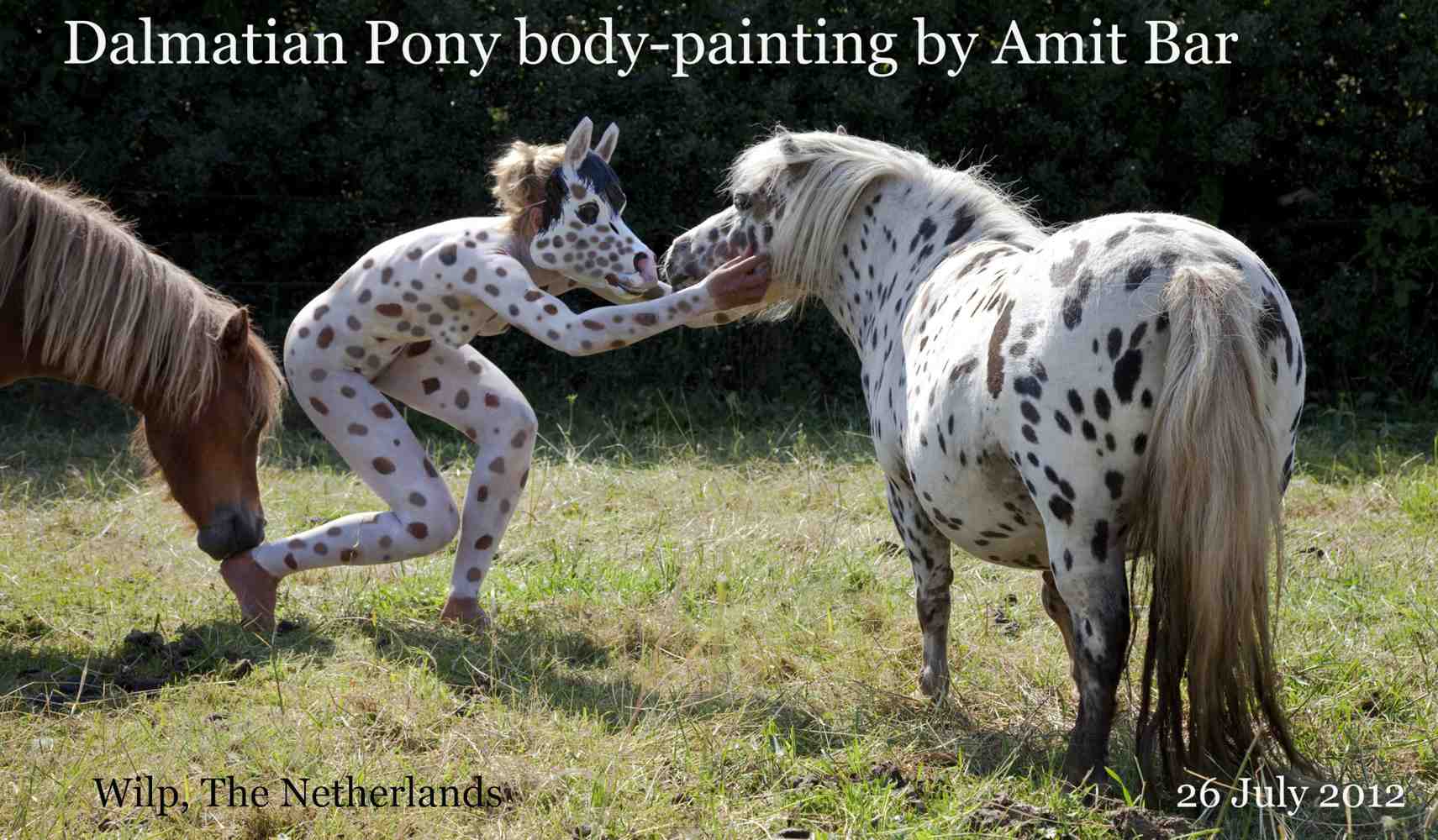 Dalmatian Pony video: This bodypainting is based on the special pattern of the pony horse featured in this video.
The pony's pattern looks more like the pattern of a Damatian dog than that of a 'regular' pony.
Unfortunately, this pony wasn't very eager to to cooperate and when she finaly did, love for the arts was not her primary incentive...