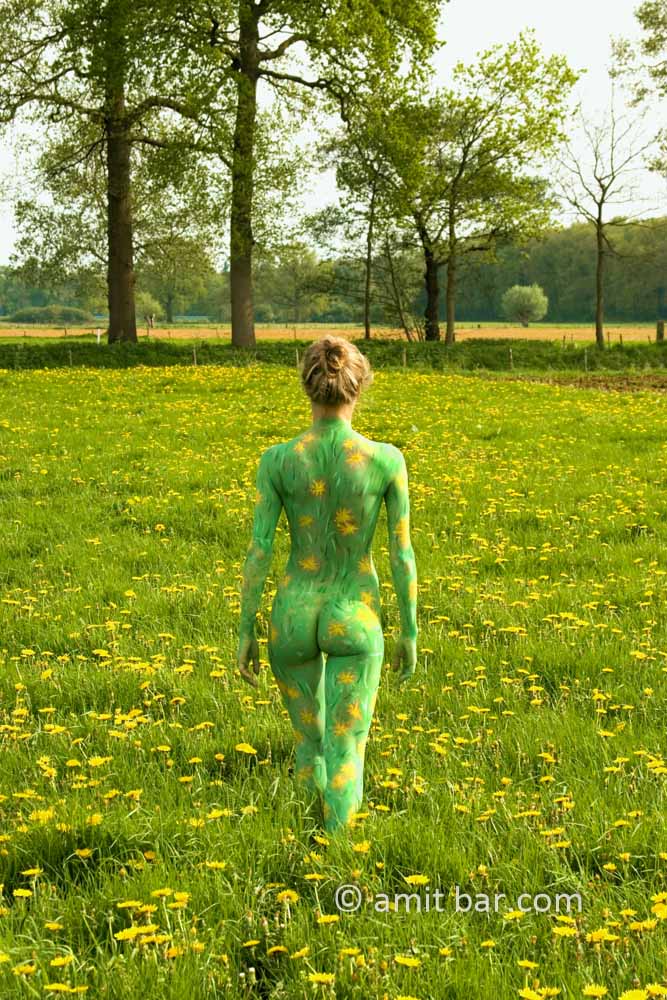Dandelions I: Body-painted model in a field with dandelions