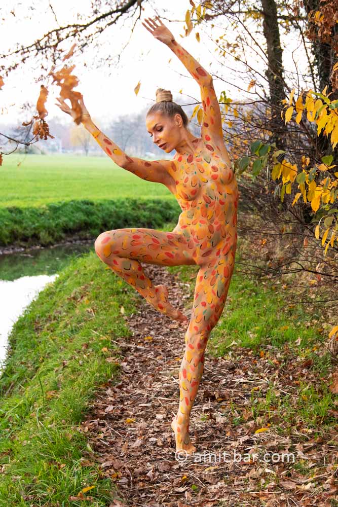 Ella autumn body-painting IV: Body-painted Ella is dancing among the autumn leaves in nature