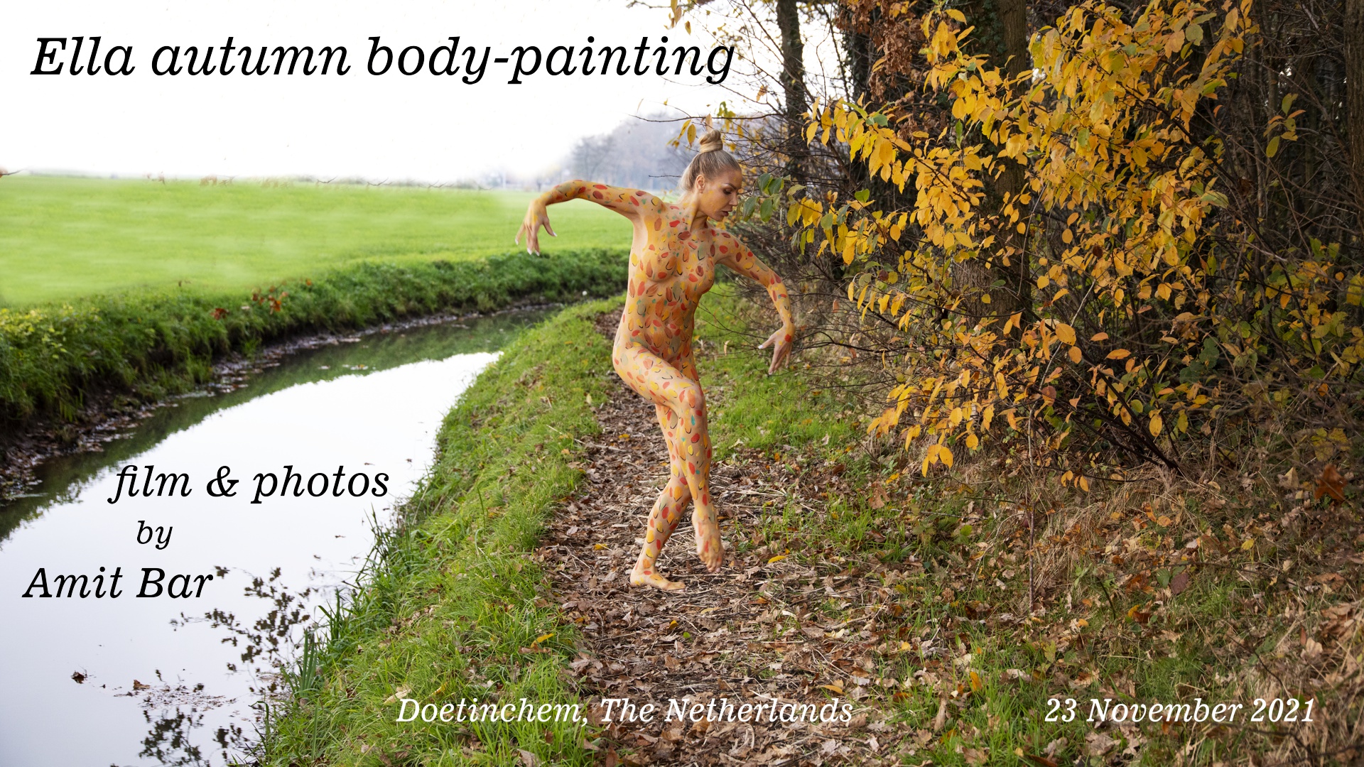 Ella autumn body-painting: Body-painted Ella is dancing among the autumn leaves in nature