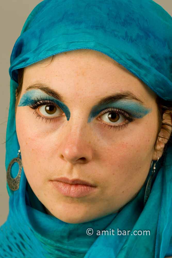 Eyes, hair and scarf VI: A girl with a blue headscarf and makeup