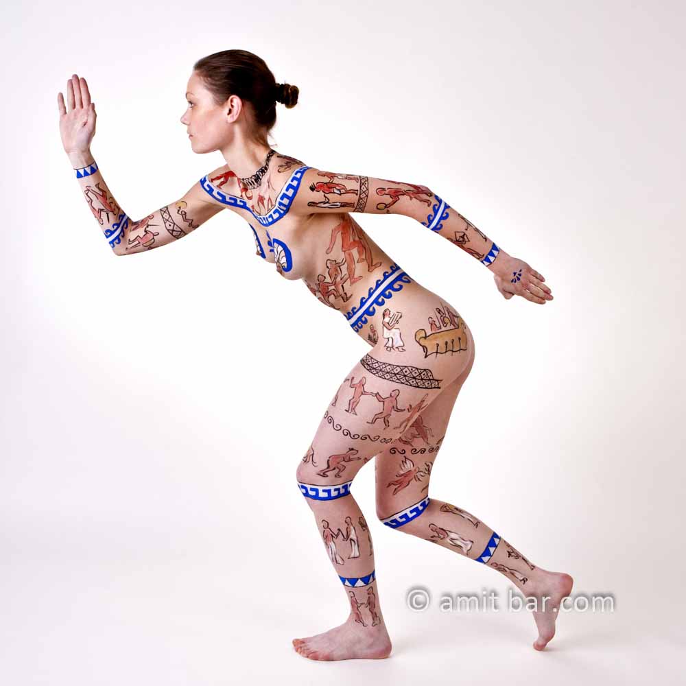 Greek athlete III: Body-painted model in Greek symbols