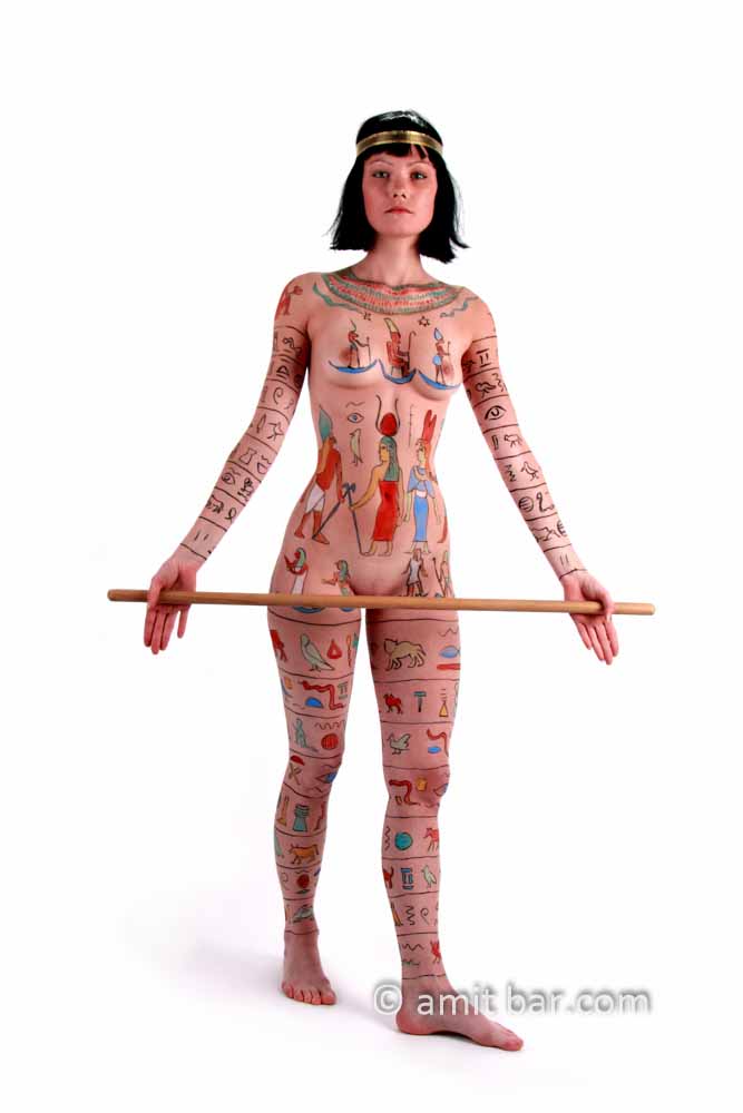 Isis I: Body-painted model with Egyptian hieroglyphs