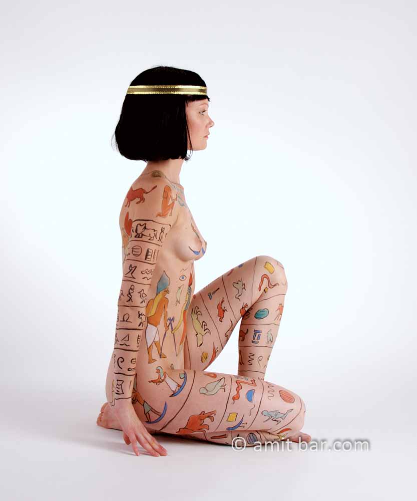 Isis III: Body-painted model with Egyptian hieroglyphs