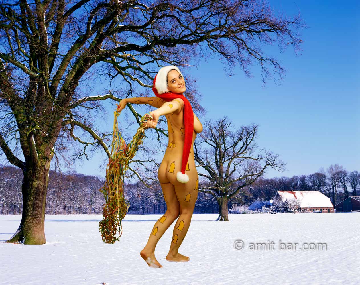 Jingle Bells I: Body-painted model is dancing as a Christmas figure