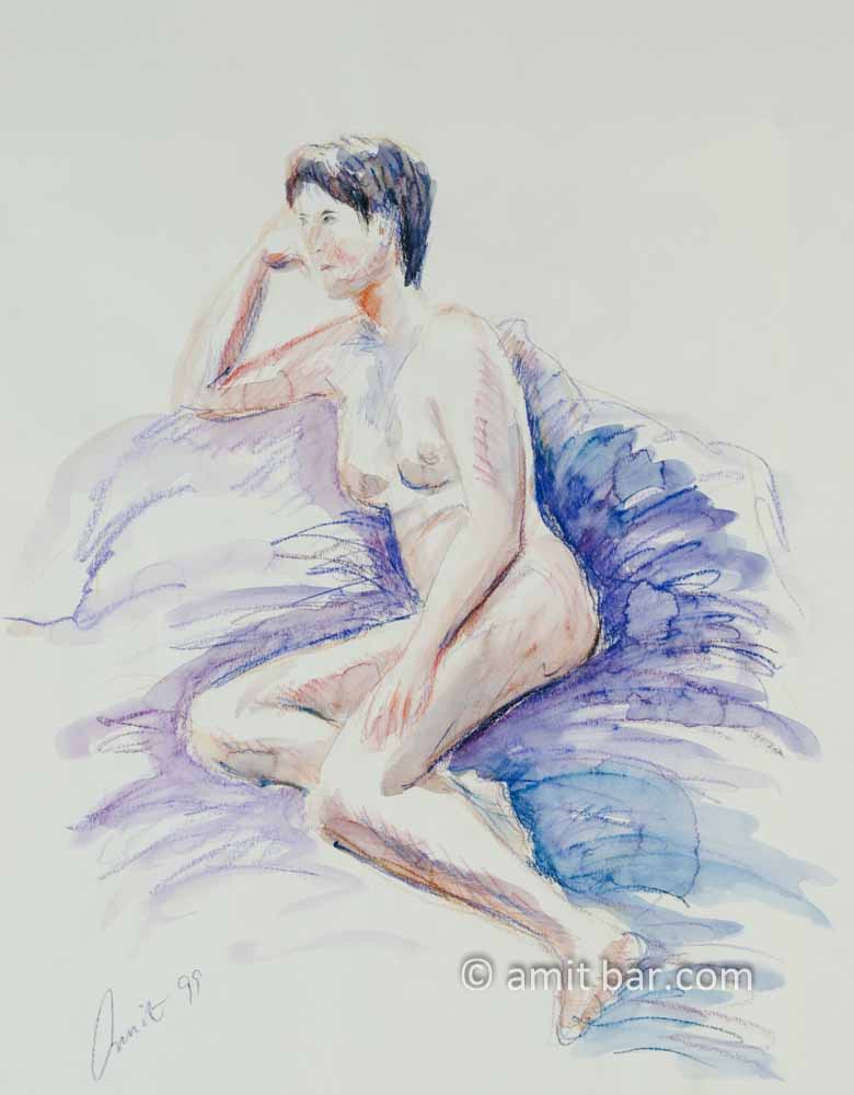Leaning nude in brown and purple: chalks drawing