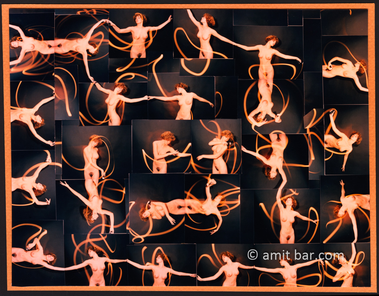 Light-trails collage: Dancing nude model with a light-source