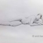 Lying model is leaning on her hand. Pencil drawing