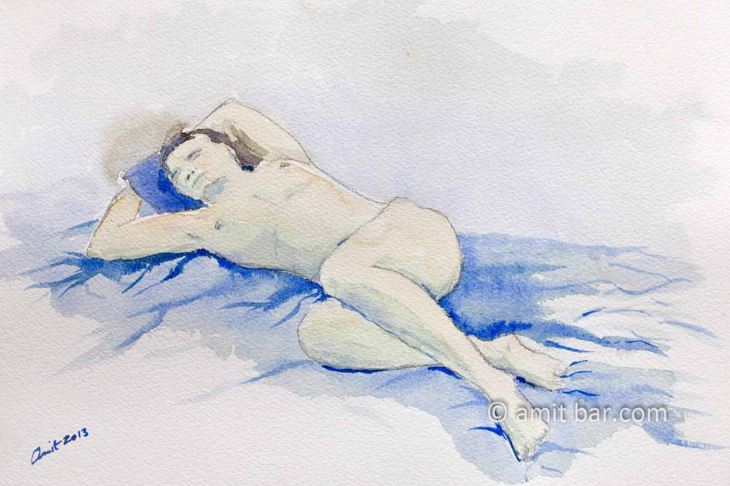 Lying model with hands behind her head: Aquarel drawing
