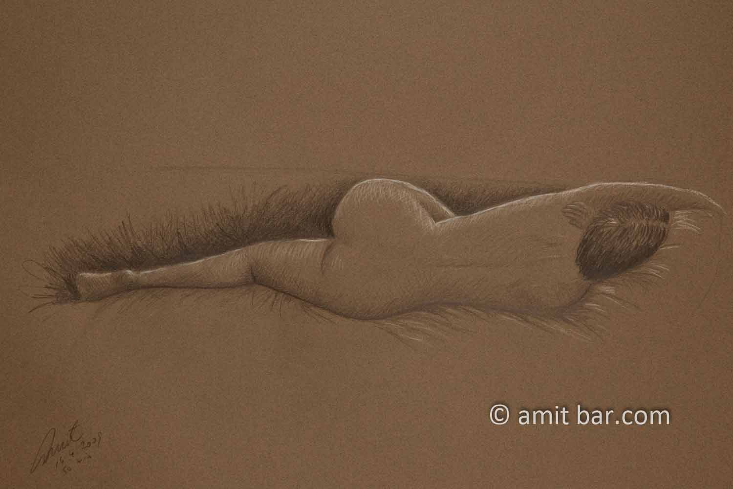 Lying nude model from her back on brwon paper. Pencil drawing