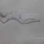 Lying nude with hand on side. Pencil drawing