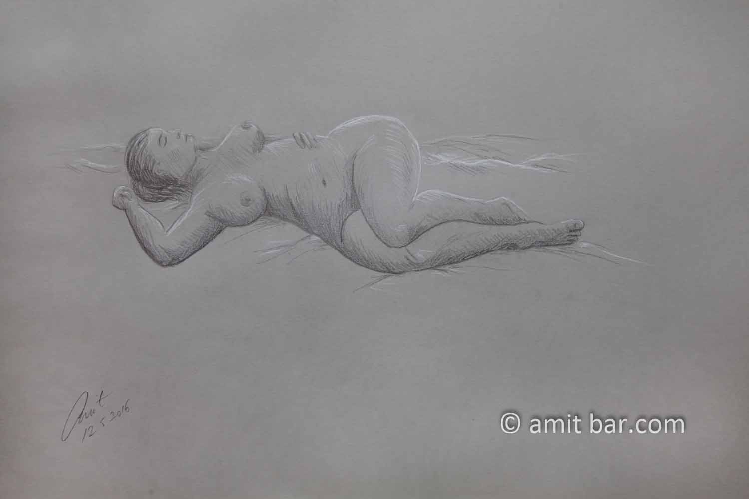 Lying nude with hand on side. Pencil drawing