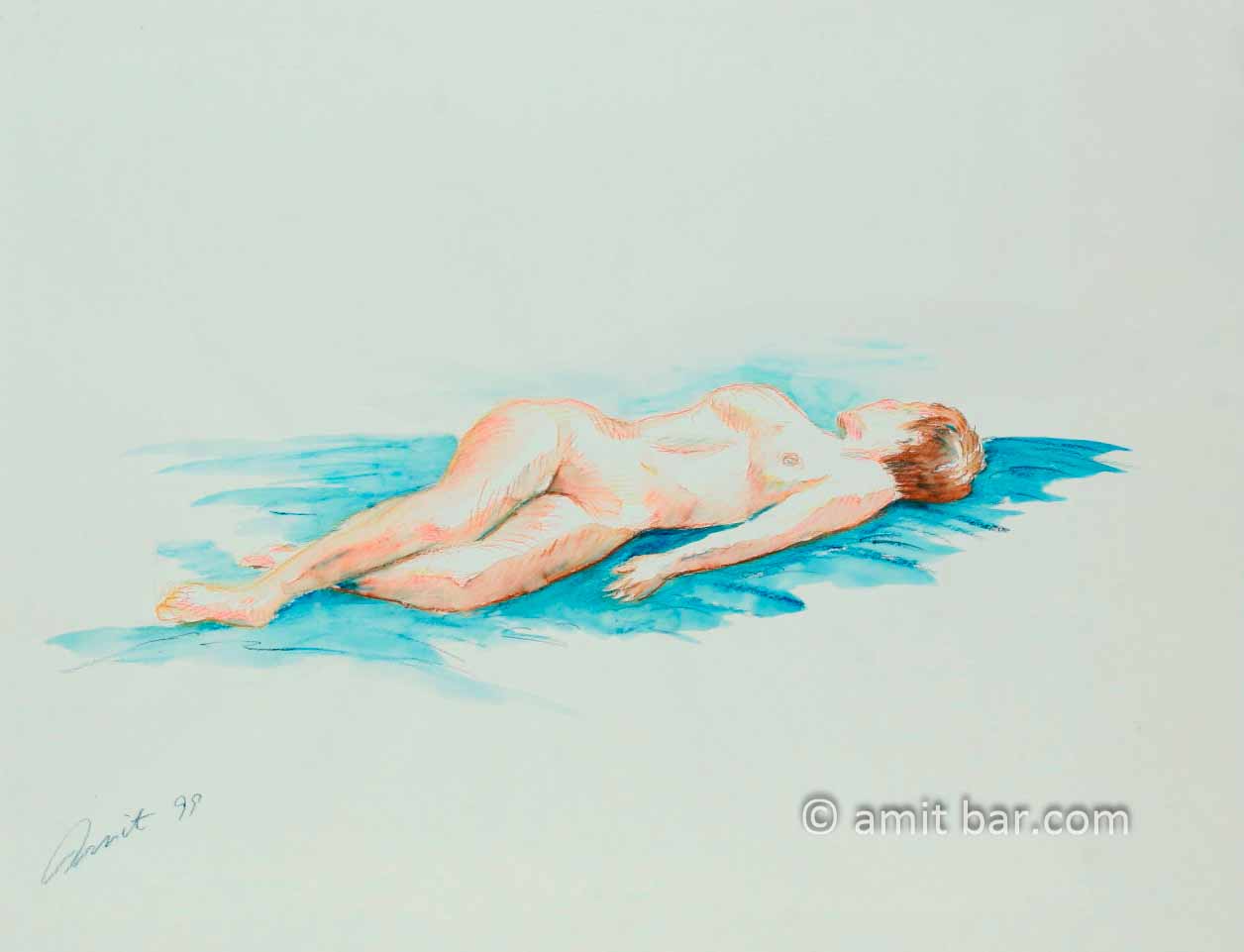Lying nude with head turned away. Aquarel drawing