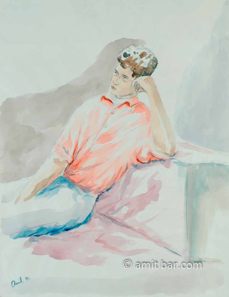 Man sitting by a box. Aquarel painting