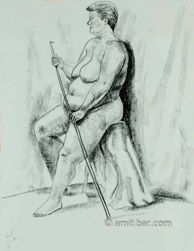 Massive nude I: Nude figure on high stool. Black chalk