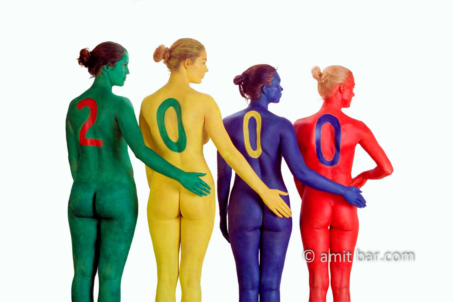 Millenium girls I: Four body painted girls are celebrating the mlilenium