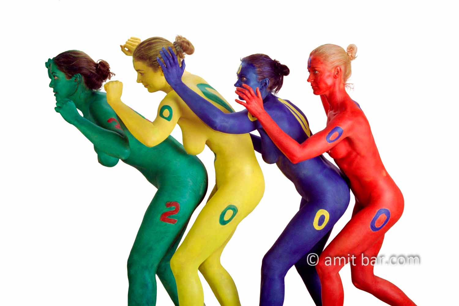 Millenium girls II: Four body painted girls are celebrating the mlilenium