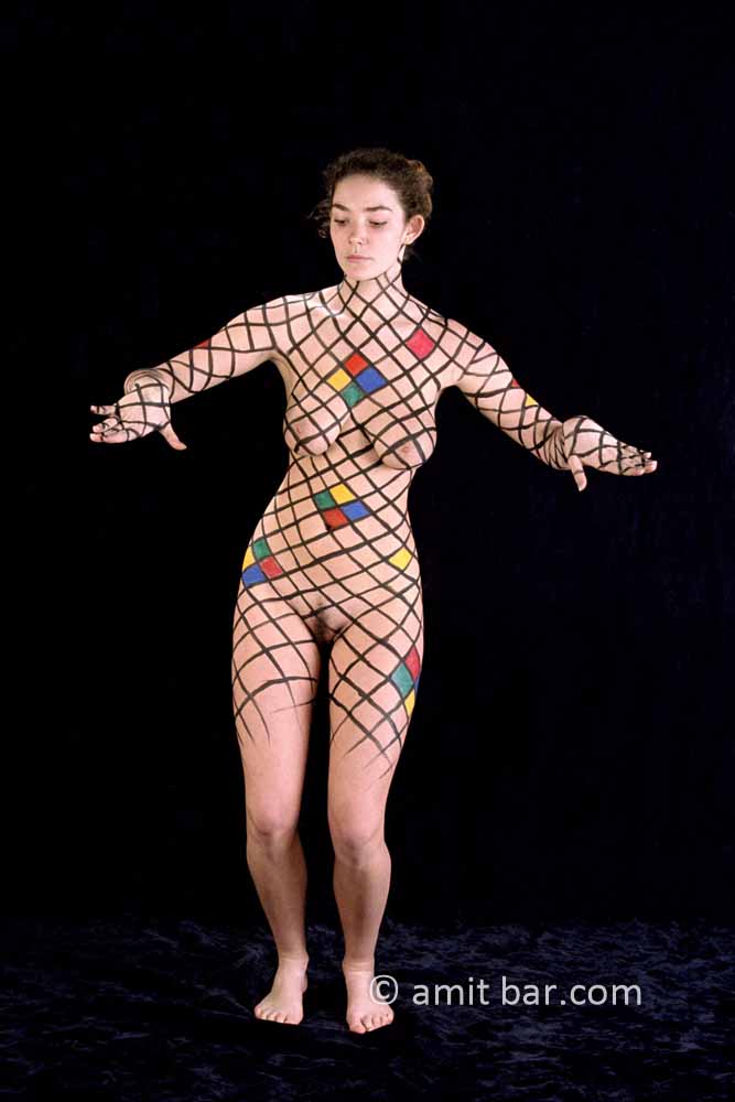 Network II: Body-painted model in network formwith addition of coloured patches